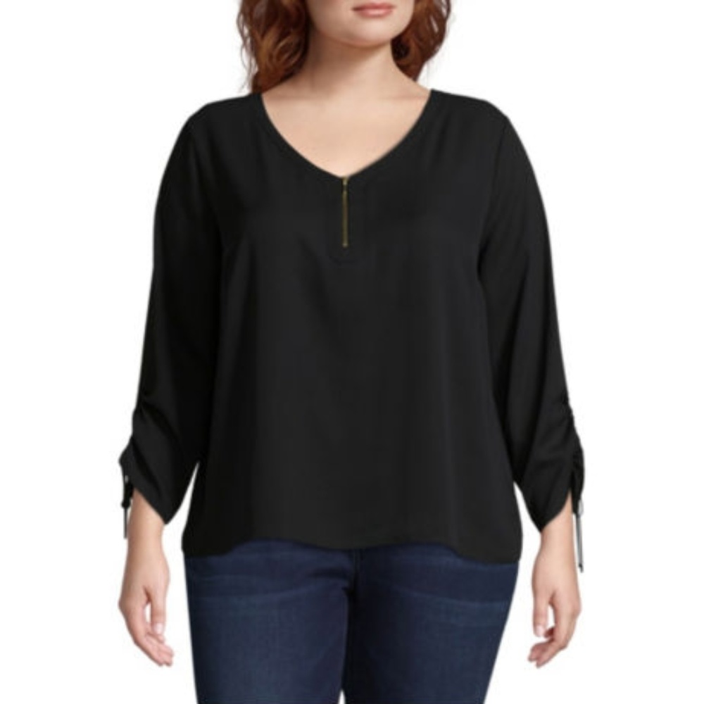 Cinch Sleeve Zipper Front Woven Blouse